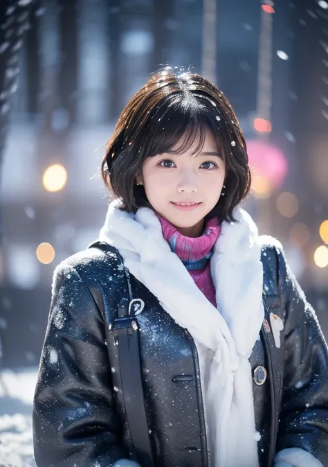 Fluffy scarf、 Medium Short Hair 、Expression of white breath 、Photo from the waist up、 lift up to night city lights 、 cowgirl shot、 fur coats、豪華なグレーのミンクの fur coats、Wear fine leather boots 、Luxury Bags、 collared turtlenecks 、 silver necklace and small silver...