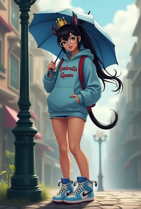 Draw me a picture of a beautiful 2D woman, long black hair tied in a ponytail, wearing white glasses with tails, wearing a hoodie that says UMBRELLA QUEEN with tails, wearing shorts with tails, wearing a princess crown with a picture of her tail, carrying ...