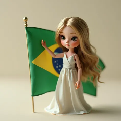 Create a mini doll with long hair holding the Brazilian flag