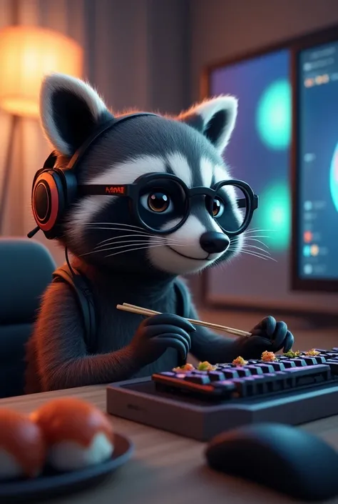 A cute and stylish raccoon with round , Playing LOL on your gamer PC with a headset and round glasses while eating a unit of niguiri with hashi