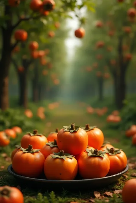 Persimmon fruit on a tray and a green background with several persimmon trees,  and several persimmons in the background ,  and a written name in the background "CAQUIBET "