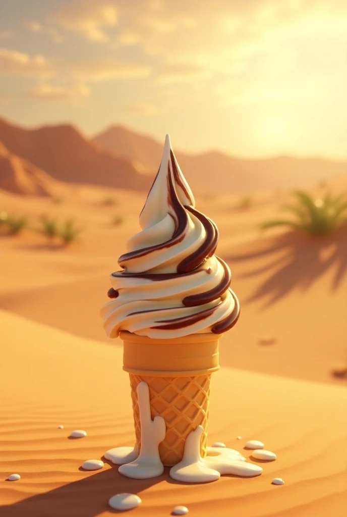 
 A REFRESHING VANILLA ICE CREAM WITH CHOCOLATE, melting , COMO FONDO DE image UN DESIERTO ABRAZADOR,  WITH BRIGHT SUN , AN OASIS IN THE BACKGROUND , image