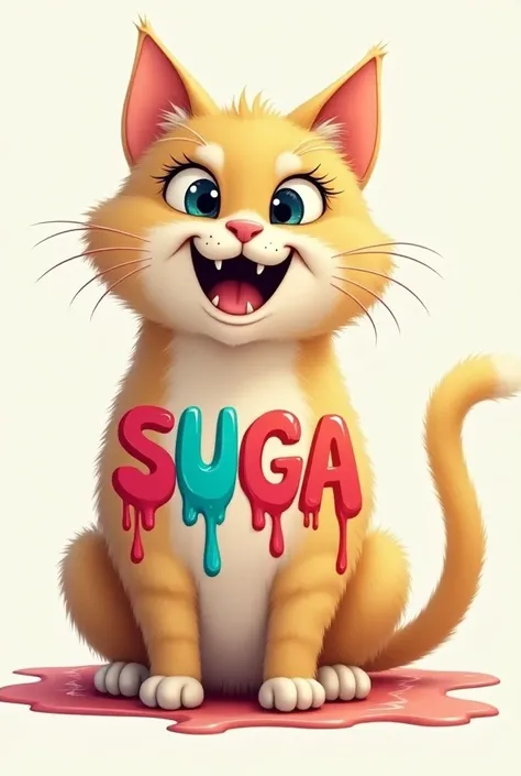 A cartoon cat with the word SUGA on its chest with the letters dripping paint