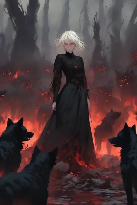 A young woman around 28 years old, with platinum blonde hair, intense red eyes, and pale white skin, stands at 1.70 meters tall. She wears a black dress with embroidered sleeves decorated with intricate Chaos Star symbols (or Chaosferas). She stands triump...