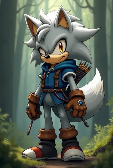 Male Wolf, ((Sonic character oc )), ( Sonic male character ), adult, ( silver fur ), ( light gray inner ears ), (Alone), ( Short and messy hair ), forest, a blind eye with a scar , bow and quiver , wears a hood , brown gloves with cropped toes and boots, y...