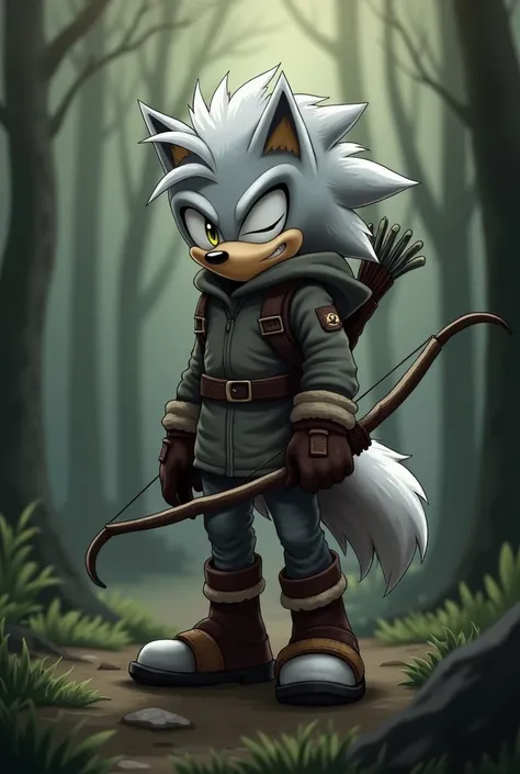 Male Wolf, ((Sonic character oc )), ( Sonic male character ), adult, ( silver fur ), ( light gray inner ears ), (Alone), ( Short and messy hair ), forest,  a blind eye with a scar running through it,  bow and quiver , wears a hood ,  brown gloves with crop...