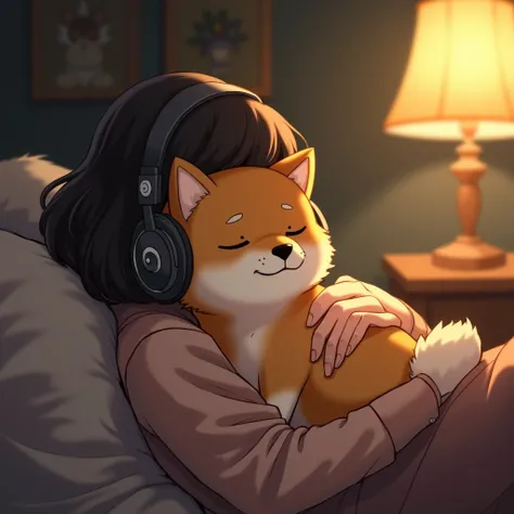 A shibu inu girl lies on her mistresss lap and listens to music with headphones