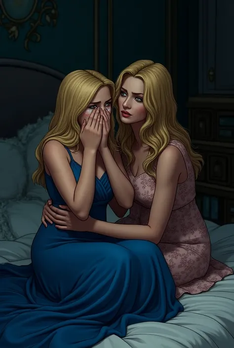 MARVEL COMICS STYLE. A young blonde woman in a long blue dress is crying in her bed, with hands on face,  in the dark of your super chic bedroom .  Next to you a woman who is also blonde , with a flowery dress, a little older, Your hair has some waves , Sh...