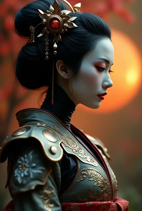 side profile, ((acidpunk japanese geisha)) with clean ceramic face, full face portrait, artstation trend, 4k, realistic armor, glossy, backlit, highly detailed, photo sf, modern art masterpiece, 