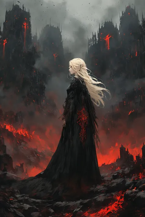 A young woman around 28 years old, with platinum blonde hair, intense red eyes, and pale white skin, stands at 1.70 meters tall. She wears a black dress with embroidered sleeves decorated with intricate Chaos Star symbols (or Chaosferas). She stands triump...