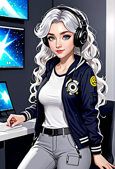  Draw Luna Snow a beautiful character with curly and platinum hair, using headphones and holding a joystick ,wearing Molenton pants , gray eyes, clothing that refers to your name 