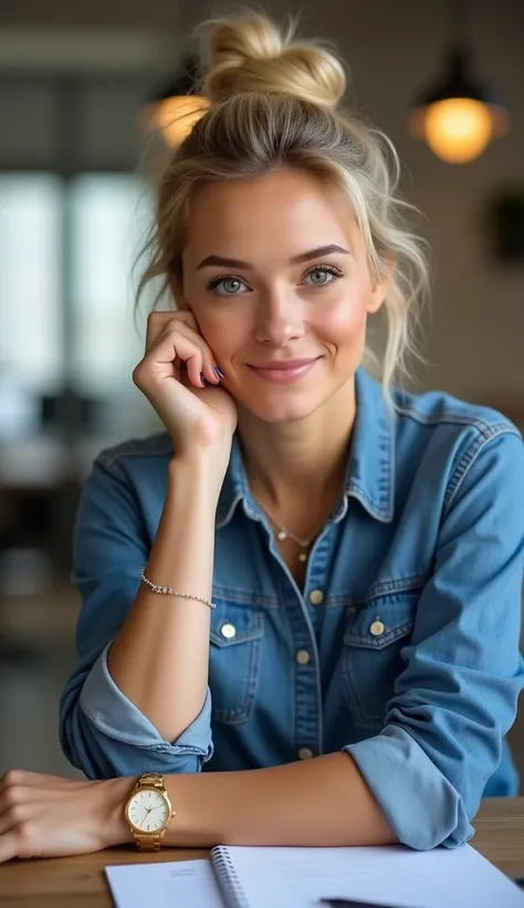 a 32-year-old woman with blonde hair and a messy bun. She is wearing casual denim with discreet accessories, such as a gold wristwatch and delicate necklaces. She rests her elbow on the table, with her hand lightly touching her face, creating a confident a...