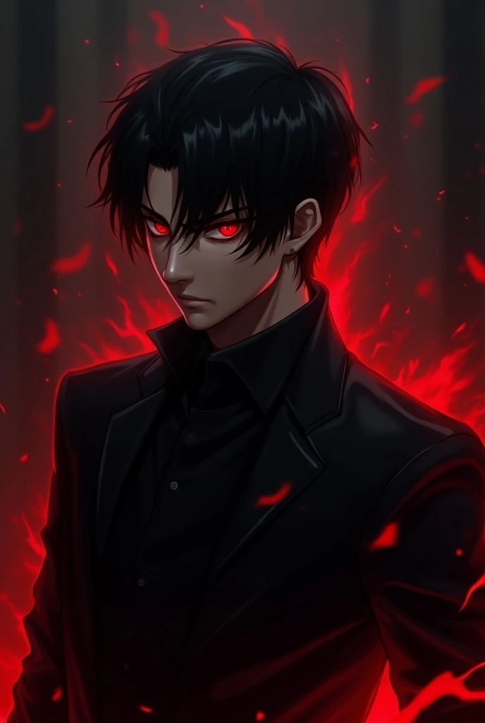 a man with short black hair, bright predator red eyes and a European killer outfit and a dark red aura, realistic anime style