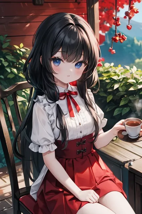 (8k, highest quality, Tabletop:1.2)、Ultra-high resolution, Detailed face, One  girl, black eye, Black Hair, Braiding, Long Hair, Red ribbon on head, Red dress, blue sky, in the forest, wood, table cloth, Set of cake and tea on the table, Sit on a chair、Wed...