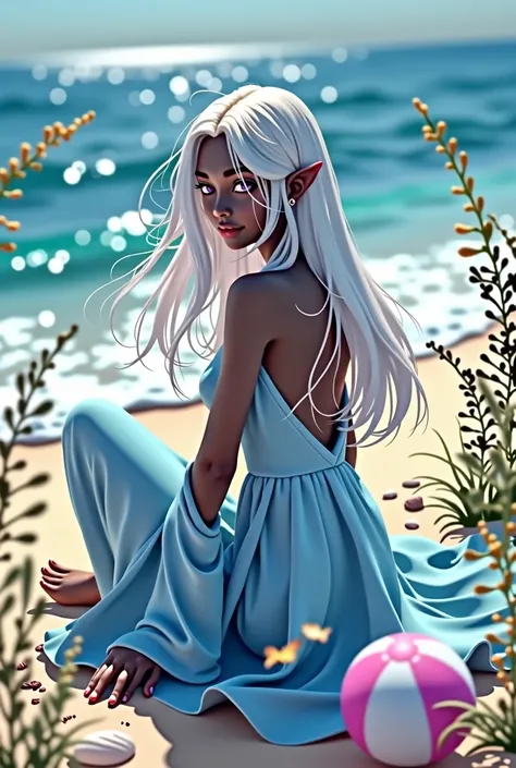 delicate and beautiful CG artwork),(best quality, ultra-detailed, high resolution),(dynamic angle, dynamic lighting),(1 character),(long white hair), purple eyes, beautiful face), (black skin),(very dark skin),1 girl, (long sideburns, plants, smile, long b...