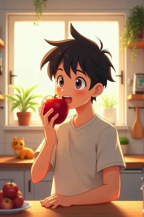 Make a person named Alex eating an apple in his kitchen in anime style 