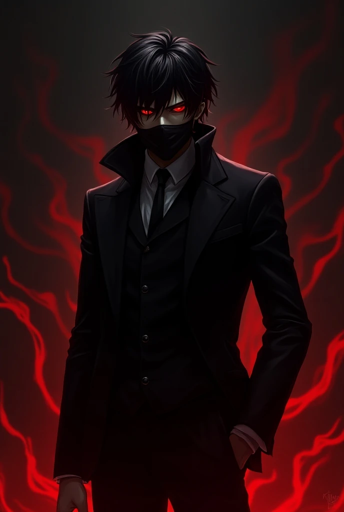 a man with short black hair, bright predator red eyes and a European killer outfit and a dark red aura and a realistic anime-style black mask