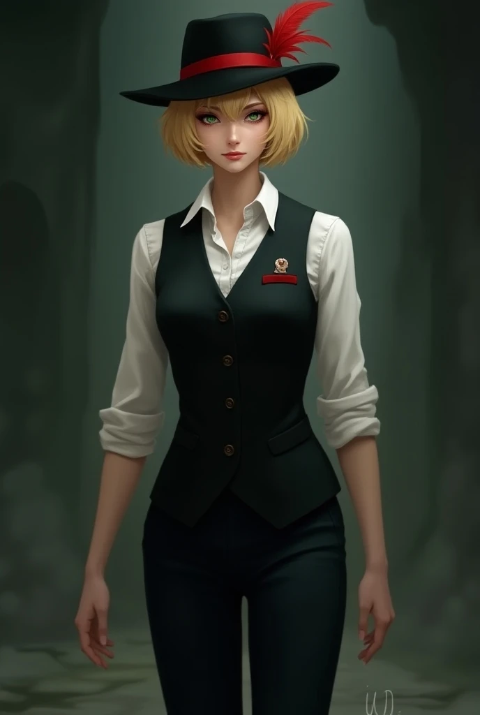  Wear the Paranormal Order RPG style .  Make a young woman with dark green eyes , short blond hair up to the neck light,  a white button-down shirt , a formal vest ,  she wears straight black pants and a black loafer ,  she wears a black fedora hat with a ...