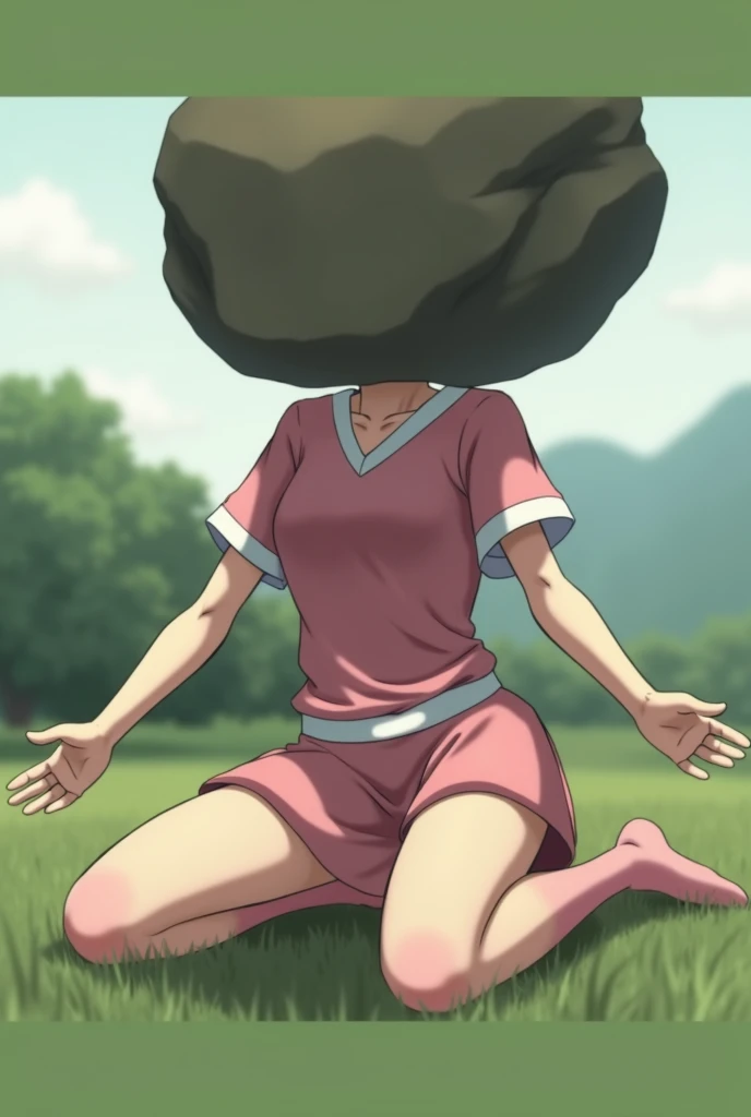 girl, anime,  sitting on knees ,  gym suit with a big rock that replaces his head, with arms outstretched, piel Blanca, pink thigh high stockings, chompa rosa, pink gym suit