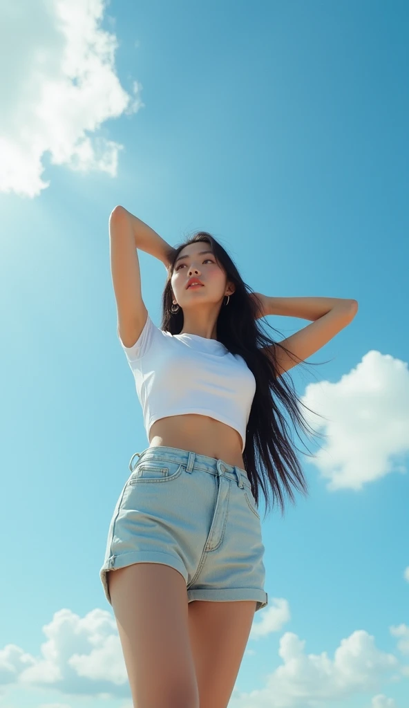  Low angle photo of a beautiful black long-haired Japanese-Korean girl posing outdoors amid a clear blue sky with occasional white clouds. She wears a white crop top that exposes her face. Boobs and zig-packs and light-skinned denim shorts. The sexy  (( is...