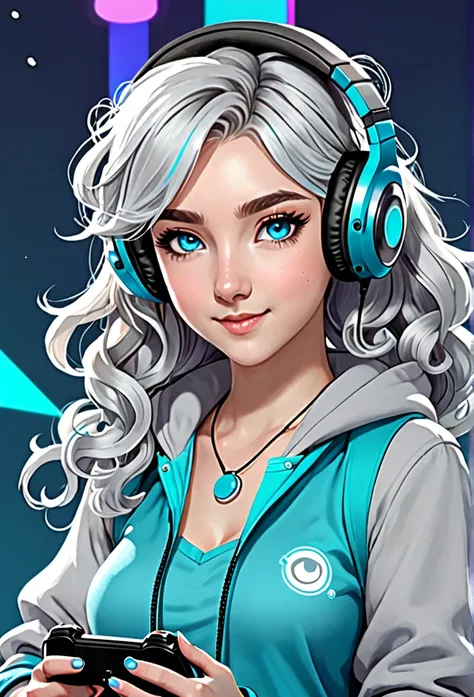  Draw Luna Snow, a beautiful gamer character with curly and platinum hair, using headphones and holding a joystick ,wearing Molenton pants , gray eyes,Cyan blue that refers to your name 