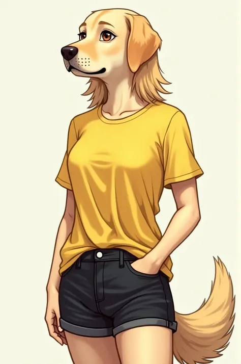 A male golden Labrador dog with light yellow fur, brown eyes, and blonde hair, with a feminine build wearing a pair of black shorts and a yellow t shirt. Fursona art style