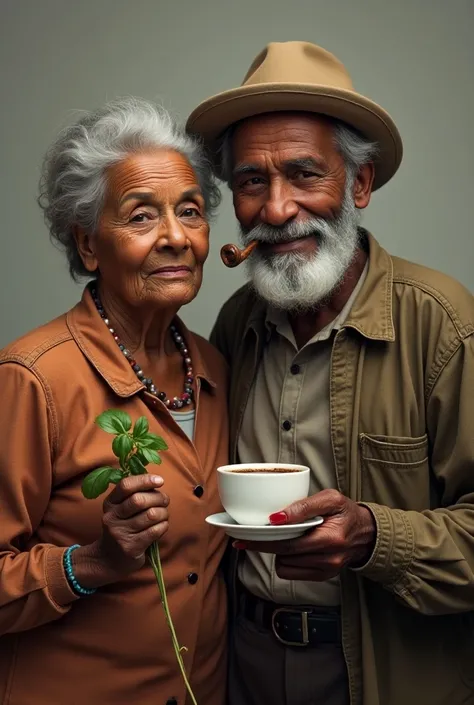  elderly black African couple , The woman next to the man ,  she holds basil in one hand ,  he holds coffee and a pipe in his mouth. hyperrealism. real image