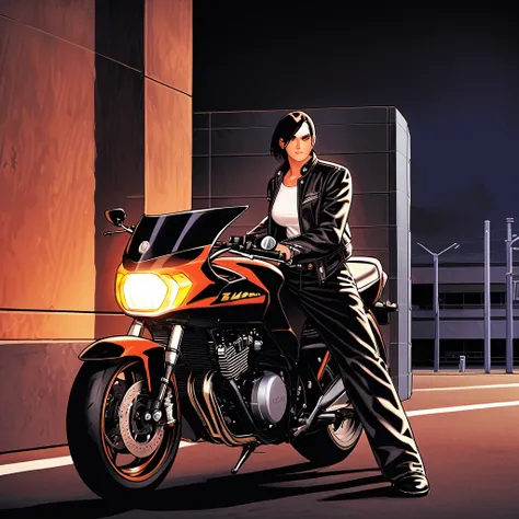 Standing woman, (  riding a motorcycle  ),  PARKED MOTORCYCLE , (  stylish outfit  ), ((  black riders jacket with raised collar wearing a full face helmet)), (( white headband )),   white t-shirt,  black pants, Brown belt,  Mature Woman, /(   Black Hair  ...