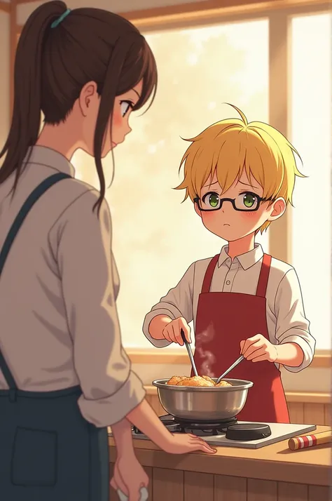  Animation of a blond boy with glasses and a Japanese woman, cooking together 