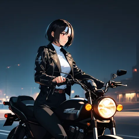 Standing woman, (  riding a motorcycle  ),  PARKED MOTORCYCLE , (  stylish outfit  ), ((  black riders jacket with raised collar wearing a full face helmet)), (( white headband )),  white t-shirt,  black pants, Brown belt, Mature Woman, /( Black Hair /) ba...