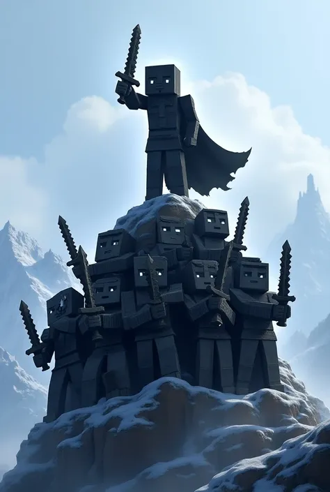 I created a Minecraft character with black neterith armor on top of a mountain, raising a sword with 7 other characters underneath, carrying the sword in the same hand, plus wearing diamond armor and the name Black Neterith floating above them as if it wer...