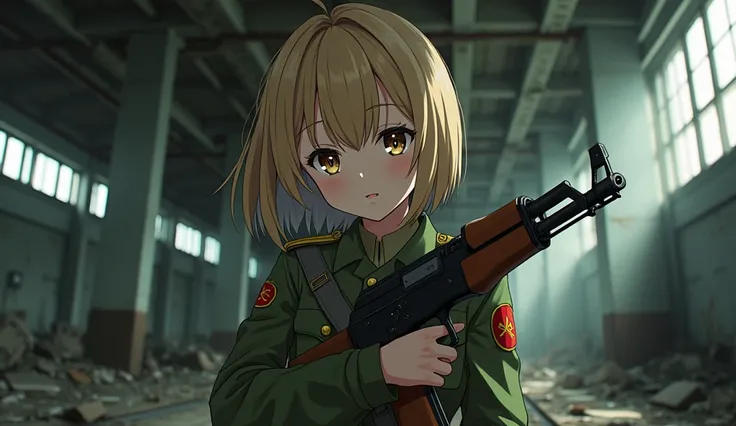 senko san, 1girl, soviet military uniform, ak-74 rifle, abandoned post-soviet factory, detailed facial features, beautiful detailed eyes, beautiful detailed lips, extremely detailed face, longeyelashes, detailed military outfit, detailed weapon, intricate ...