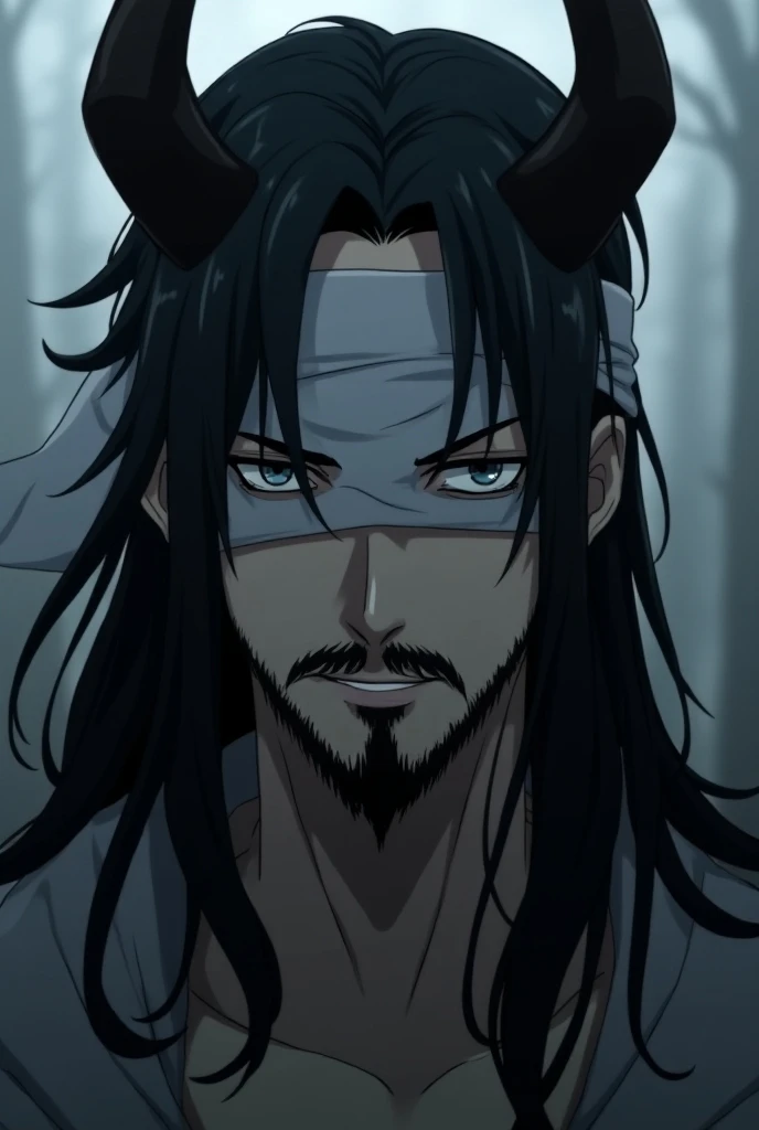 A handsome sad man ,  with long thick black hair and a defined beard, with a white blindfold . In anime style и с черными рогами демона на голове. In anime style. with an oval face shape