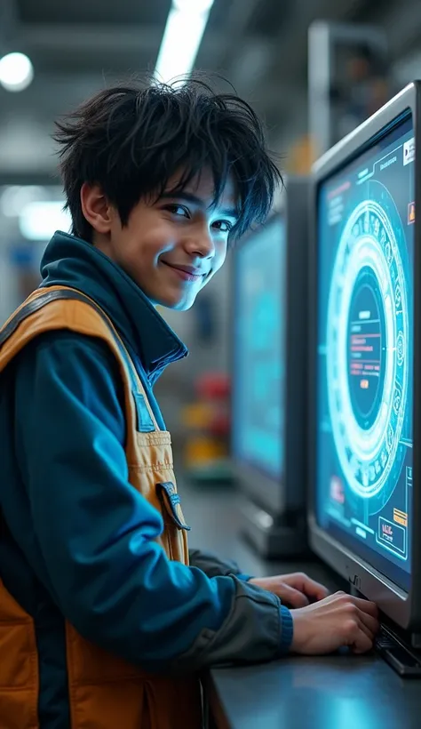  absurd resolution ,  High resolution, ( masterpiece : 1.4),  hyperdetail , A young mans short and messy black hair, welder in costume,  smiley look ,  factory high-tech workbench, technology detection screen 