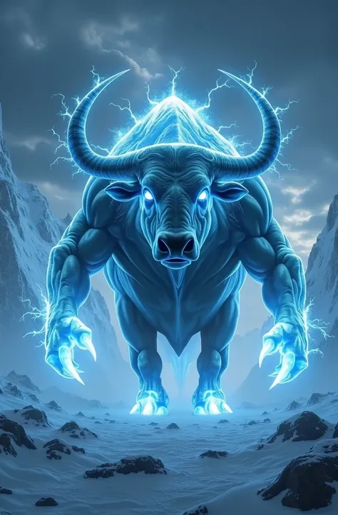  An impactful and dramatic scene with a colossal and muscular bull standing erect like a human standing in the middle of two mountains of glowing ice, Diamond bull body your hands are large with ice claws with a vibrant white energy ,  radiating an intense...