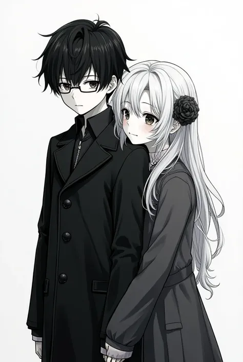 Creates a manga image of a boy and a girl, they are friends but at the same time they are somewhat disconnected in black and white, the boy is wearing a black long-sleeved coat, they are sad in body and soul 