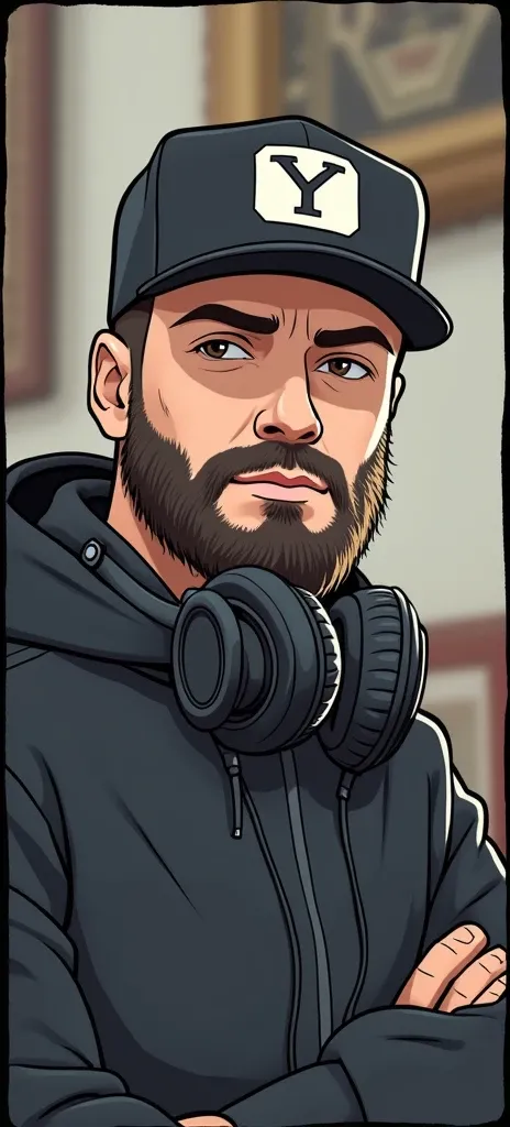  Man with a beard on his face, black cap on the head ,  headphone headphone set ,  best image,  Disney Pixar 
Make it look more like the reference photo, The features of the face 