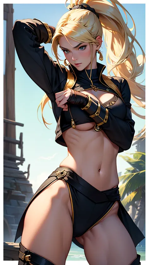 Beautiful 18yr old girl realistic masterpieces full figure pose (best quality,ultra-detailed), blonde high ponytail, fair skin, fit body, slim figure, narrow waist, large buttocks, (cocky expression), fantasy pirate, martial artist