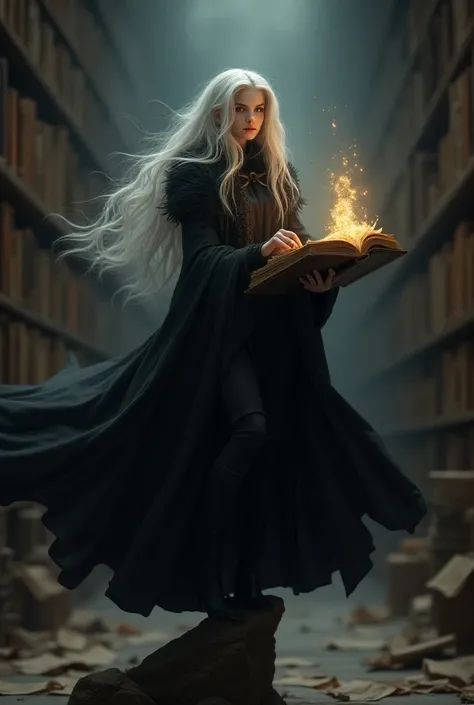 A tiny mysterious sorceress with white hair and a black cape, with shining eyes and an ancient book in her hands, posed on the tip of a finger. The backdrop in the background is an old, blurry library.