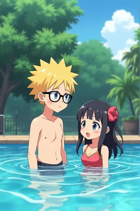 Animation of a tall blond boy wearing glasses and his Japanese girlfriend playing in the pool 