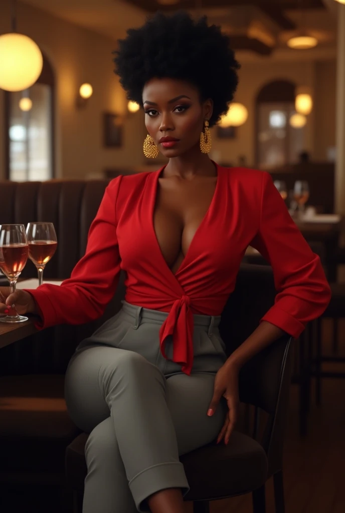 A curvaceous Black woman in a bold red wrap-style blouse with a deep V-neck, paired with high-waisted tailored pants in soft, dove grey. She’s wearing strappy black heels and chunky gold earrings, her hair in a short, natural afro. She’s seated at a cozy, ...