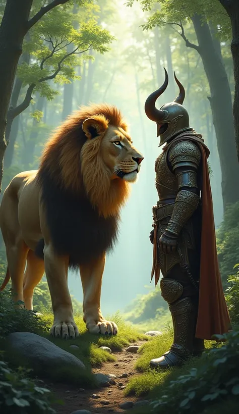 A lion in front of a man in armor and horns in a realistic forest