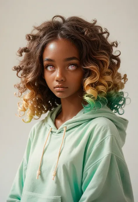 1girl, solo, solo focus, cowboy shot, portrait, oversized hoodie, aqua green and white hoodie, half aqua, half green, ((brown hair)), (yellow hair), (gradient hair :1.5), curly hair, ((pink eyes)), hyperdetailed eyes, tan, (caramel dark skin:1.1), best qua...