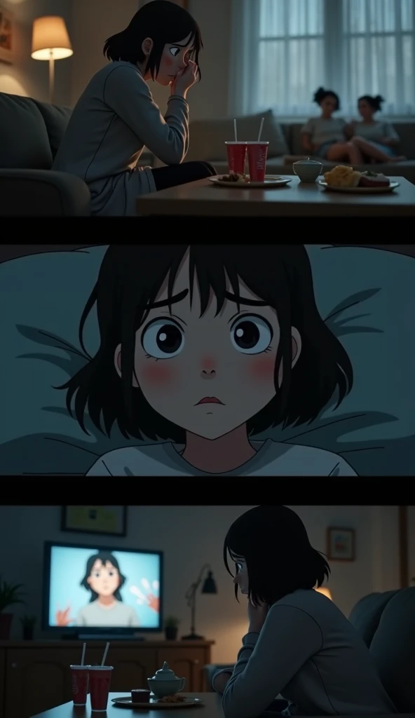   Unique image in the style of Little one with four scenes ,  arranged in four distinct panels ,  showing the emotional sequence of a 30-year-old woman sitting on her living room sofa . She is sedentary , is tired,  she doesnt sleep well and is very anxiou...