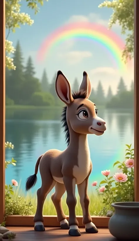 Sweet Donkey Foal with Lake and Rainbow
"A super realistic image of a young donkey foal with large, soft ears, standing near a window and gazing outside. The lake and rainbow in the background add a serene, gentle charm that complements the foal’s lovable ...