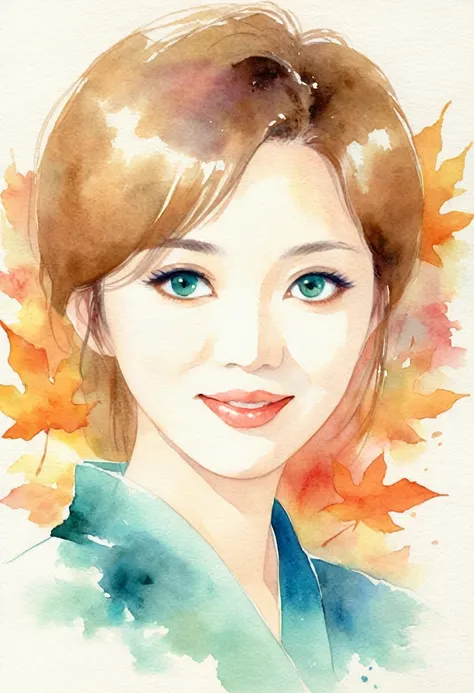 8k,​masterpiece,top-quality, , PORTRAIT,  watercolor sketch , Watercolor ,Watercolor、48-year-old Japanese woman、Ayano Fujisaki。 her round face and firm skin 、 Teal Eyelids、 A close-up that emphasizes fine lines of laugh 。 Her elegant and sexy face and plum...