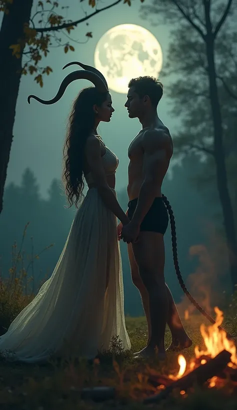  In a clearing illuminated by the soft light of the moon ,  a mystical couple is in perfect harmony . she,  with the imposing beauty of a woman with a sculptural body ,  stands out as a creature from the legends .  Her dark hair falls softly along her shou...