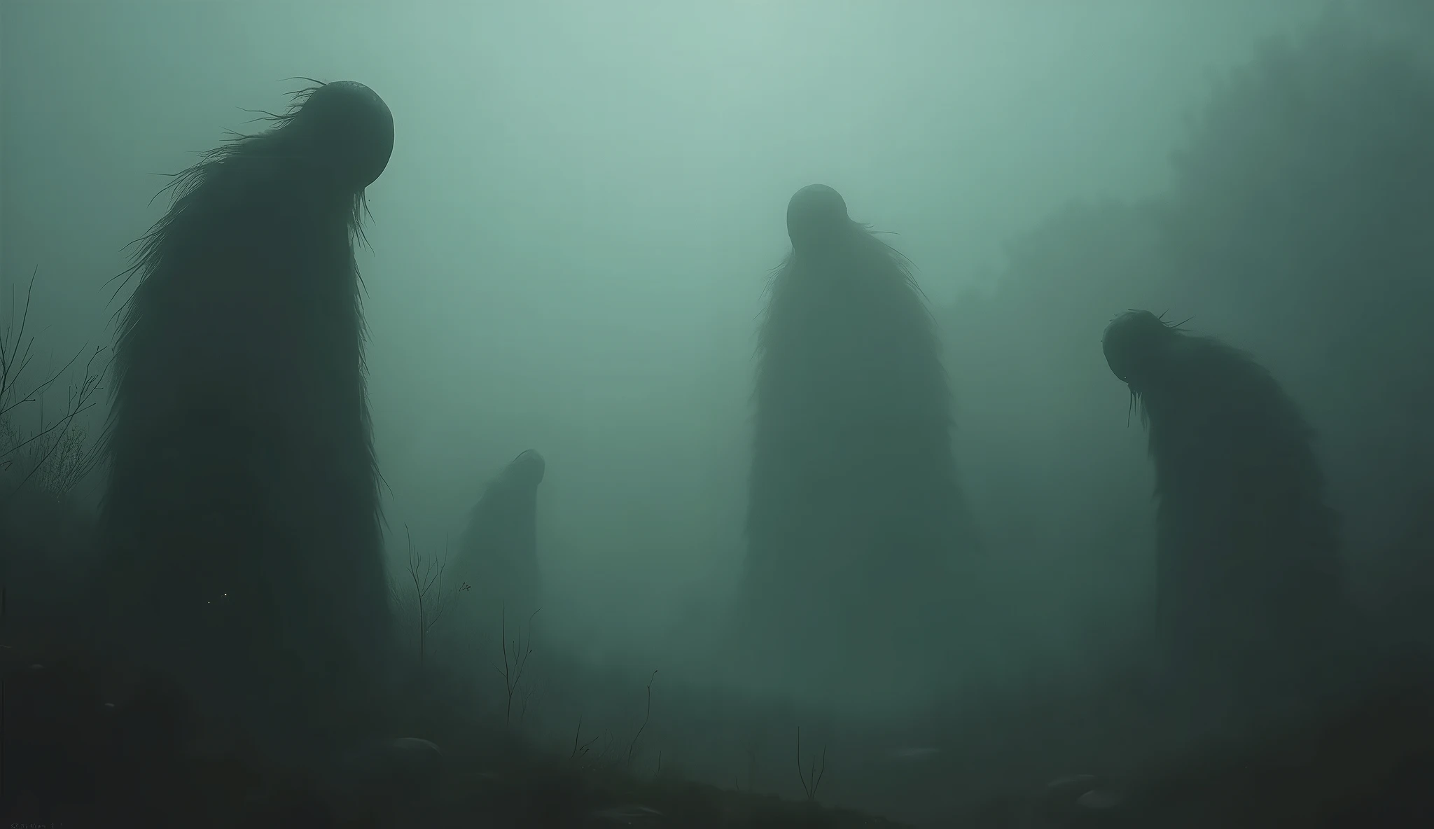 heavy fog , dark environment, Surrealist nature, Creatures
