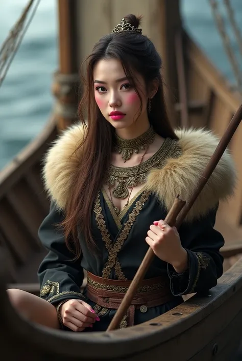  Loose hair brown collar with blonde highlights dressed as a Viking princess Viking crown in hand Viking weapon inside a biking boat light dark skin Chinese eyes fuchsia lipstick with blush and makeup 