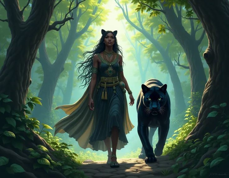 Dream anime style , a black woman and behind her a giant black panther accompany him both walking headlong through the forest